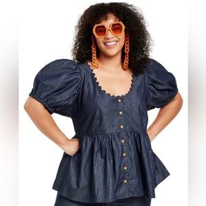 NEW! Kika Vargas Babydoll Bubble Sleeve Button Up Dark Denim Blouse